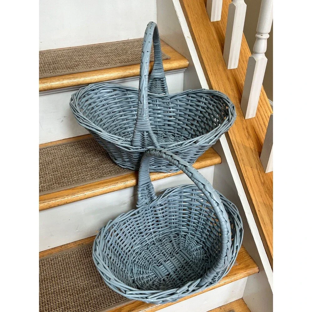 Vintage Primitive Grey Blue Rustic Buttocks Baskets (Set Of 2) Farmhouse Decor